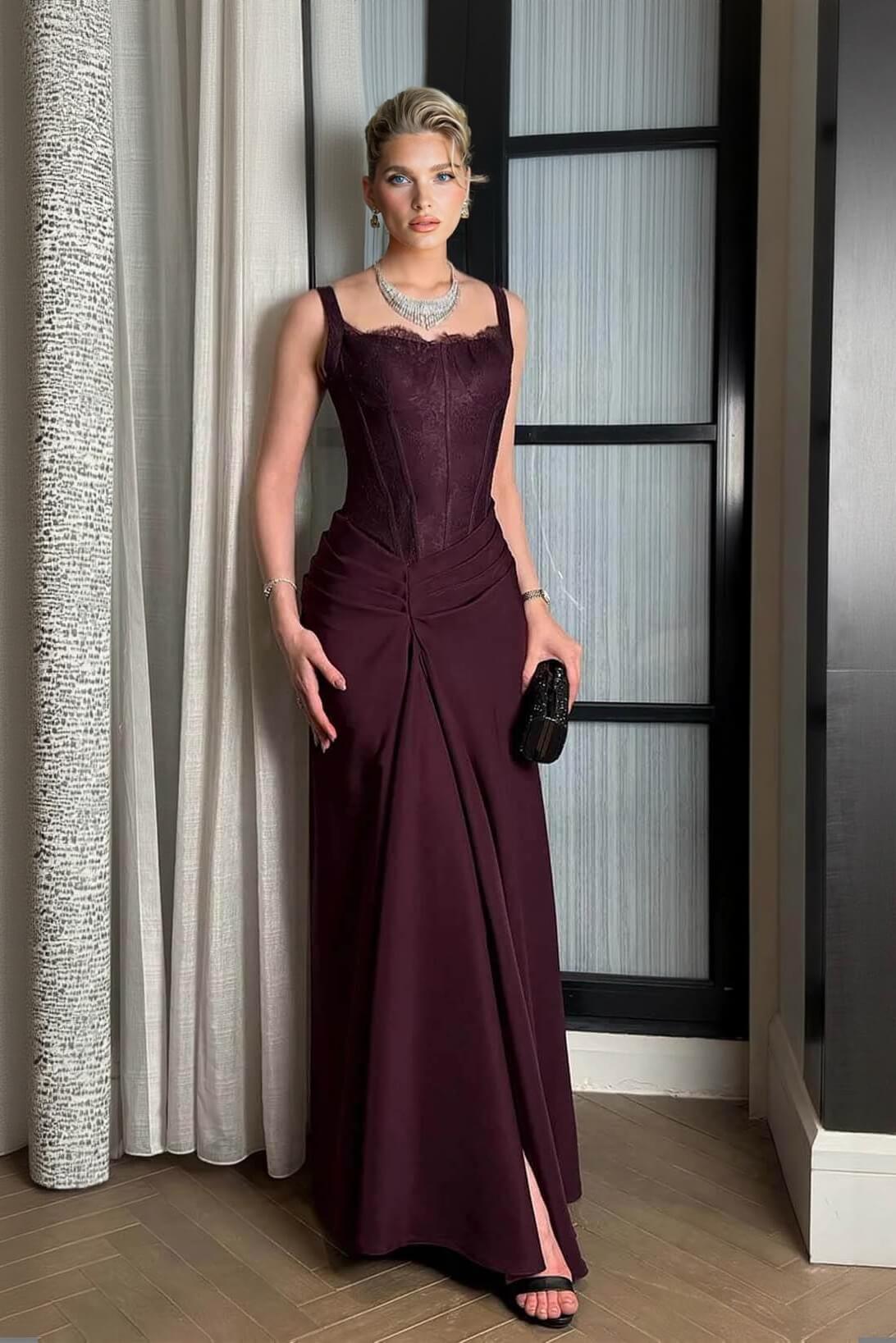 Elegant Lace With Side Slit Evening Gown Maxi Dress Burgundy