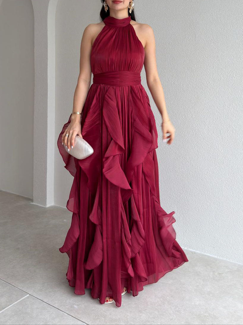 Elegant Backless Ruched Tiered Ruffle Maxi Dress Dark Red