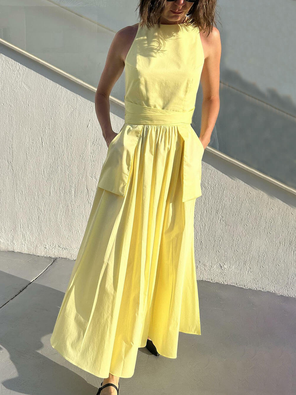 Casual Unique Side Slit Tie Pocket Vest Dress Yellow