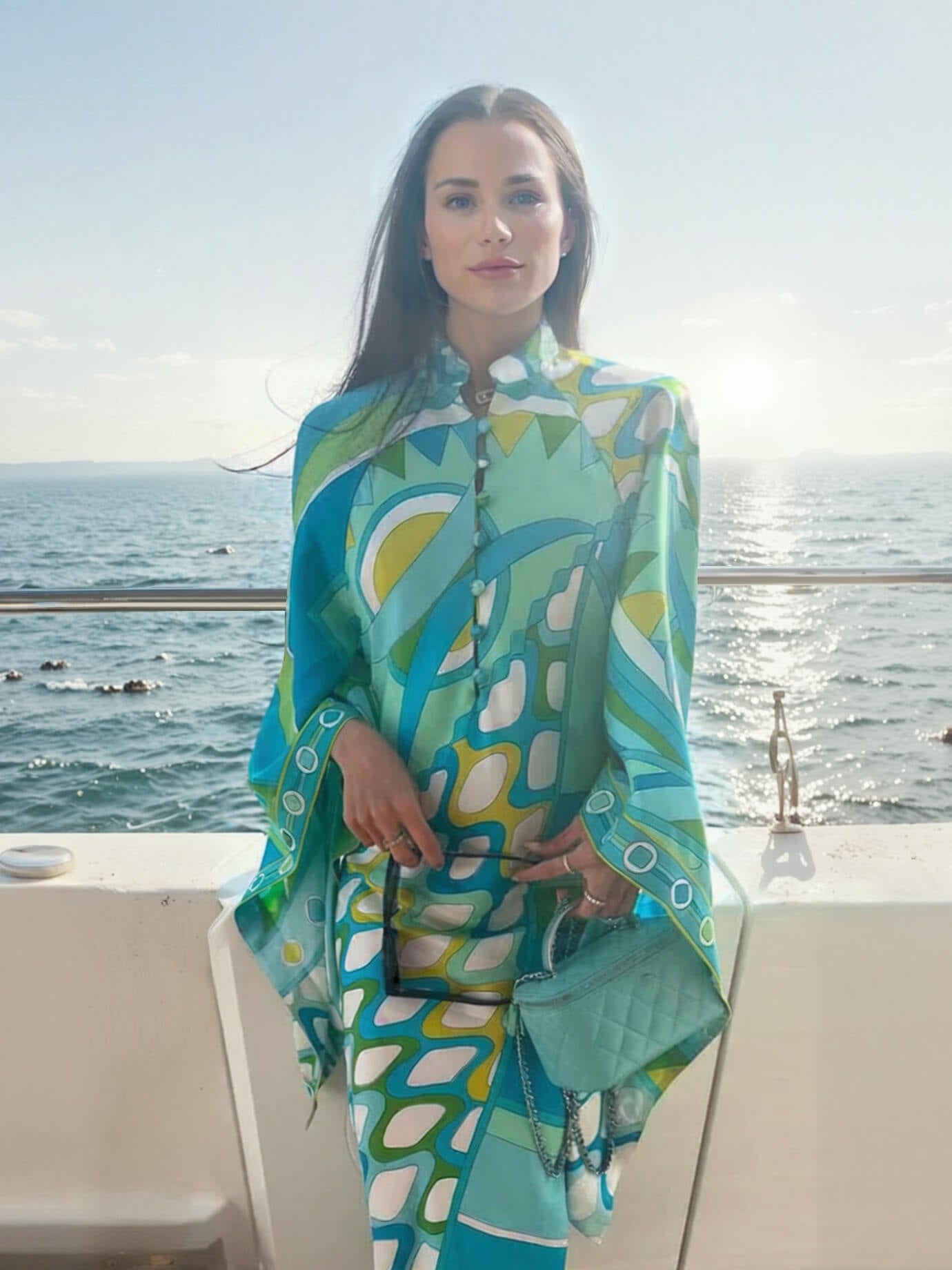 Elegant Button-Up Stand Collar Printed Loose Flared Asymmetrical Midi Dress Multicolor