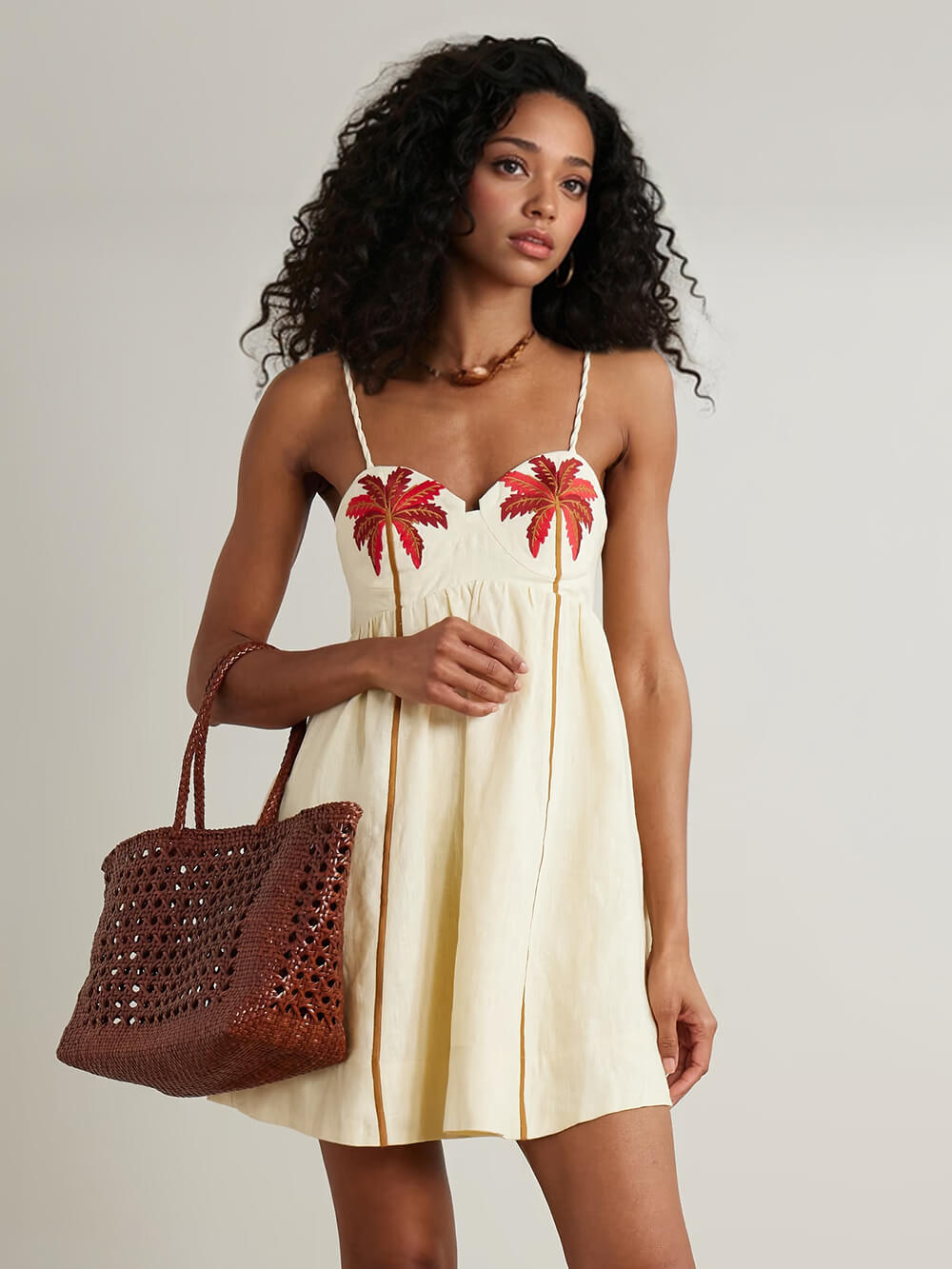 Retro Unique Palm Tree Print Linen Mini Dress Beige