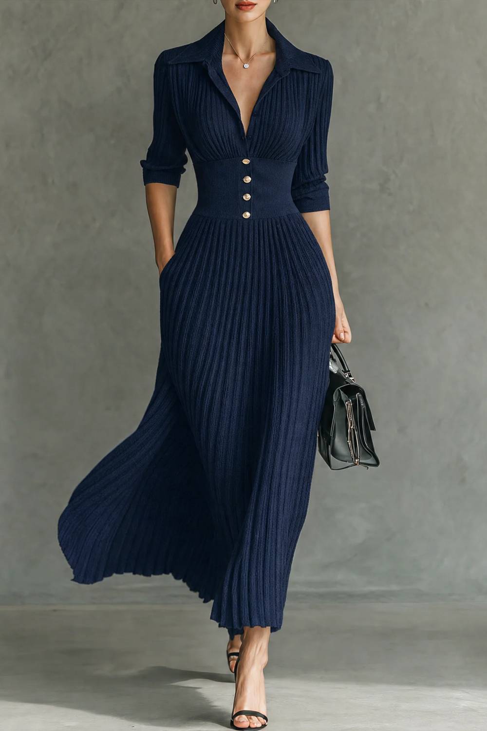 Lapel V-neck Buckle-detail Rib-knit Midi Dress