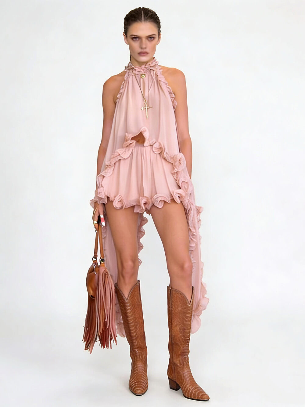Exquisite Chiffon Ruffle Backless Asymmetric Top & Elastic Waist Relaxed Shorts Set Pink
