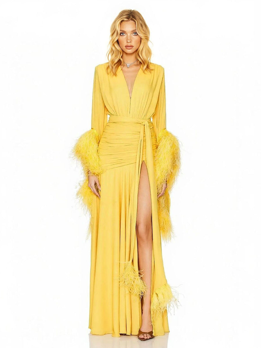 Elegant V-Neck Feather Cuff Flowing Chiffon Maxi Dress Yellow