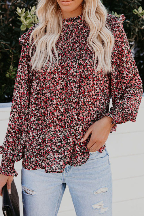 Evermore Floral Print Smocked Ruffle Top - 3 Colors Wine Red