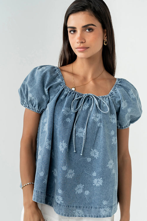 Consistently Confident Short Sleeve Print Denim Top