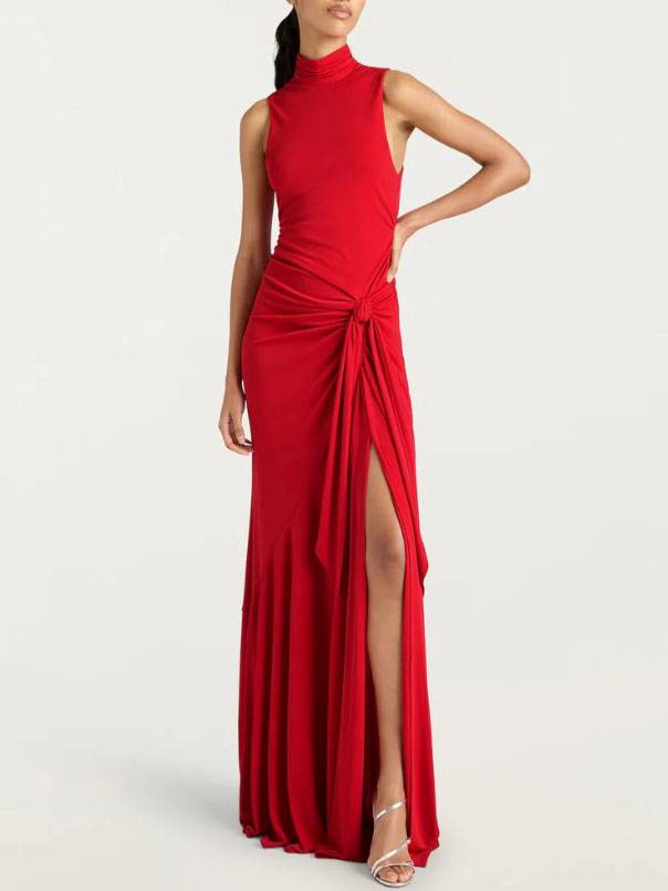 Lace-Up Design Side Slit Maxi Dress Red