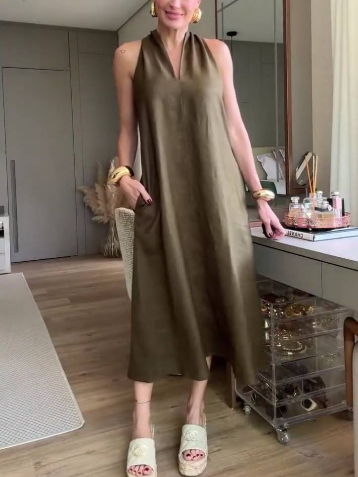 V-neck A- Shaped Midi Dress Brown Green