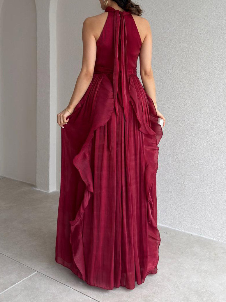 Elegant Backless Ruched Tiered Ruffle Maxi Dress