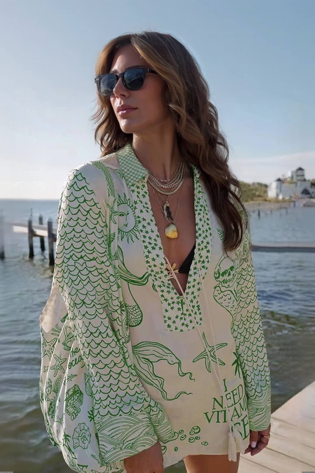 Unique Live By Water Satin Print Tassle Shirt and Elastic Waist Shorts Set Green