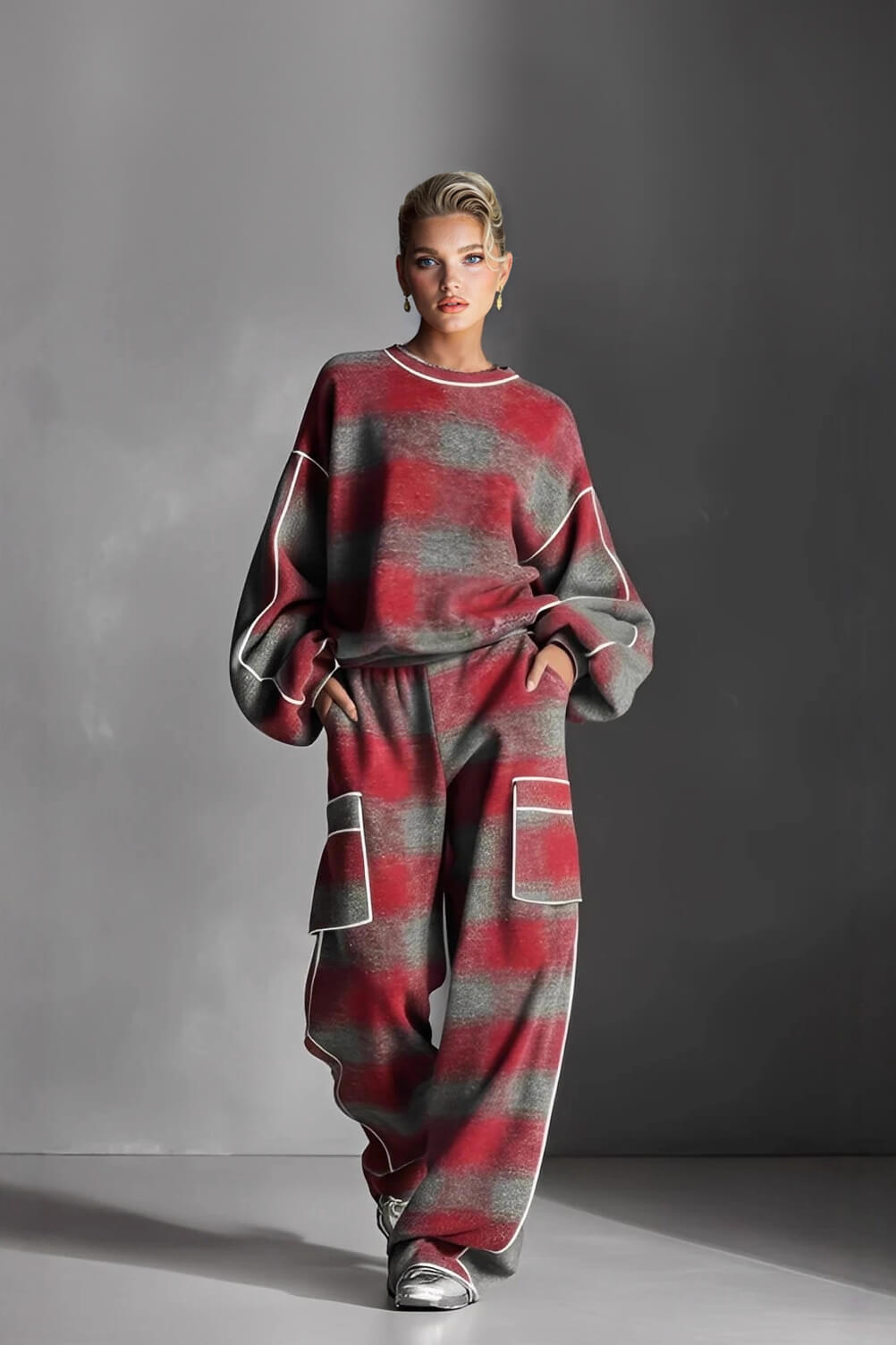 Fashion Street-Style Red And Gray Plaid Color-Block Loose Top and Wide-Leg Pants Set Red Gray Set