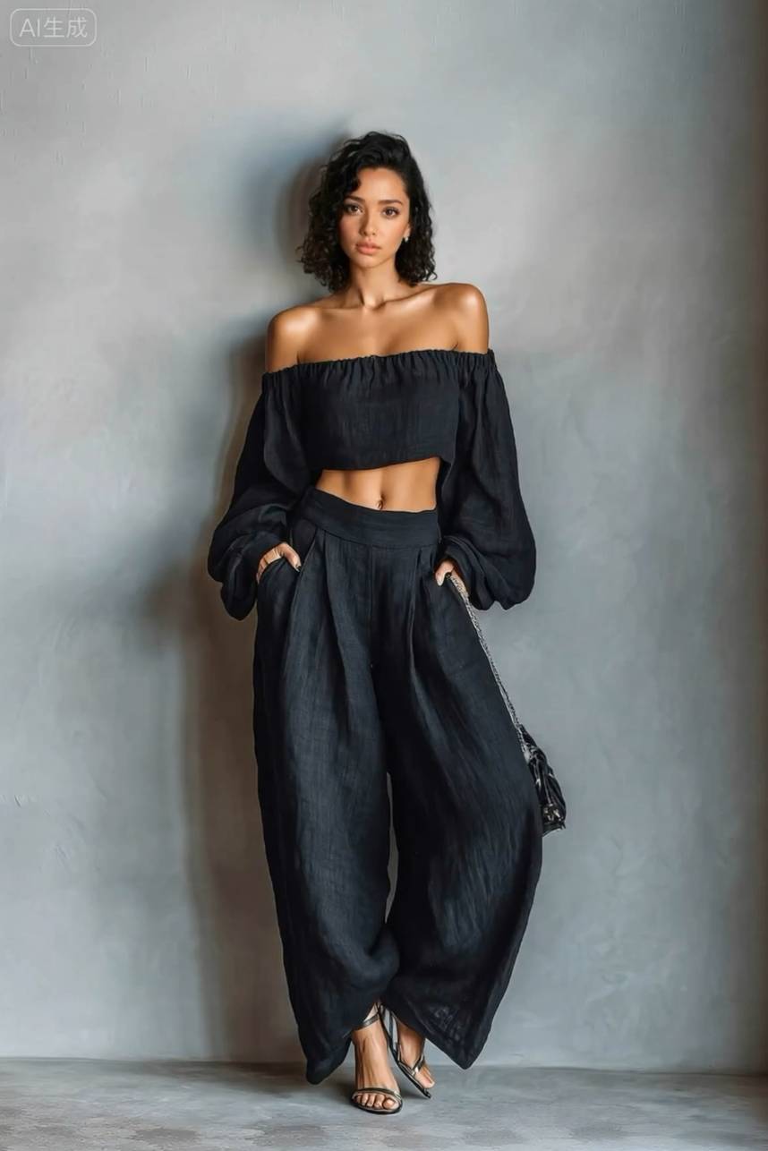 Off-Shoulder Short Top And Wide Leg Pants Set Black