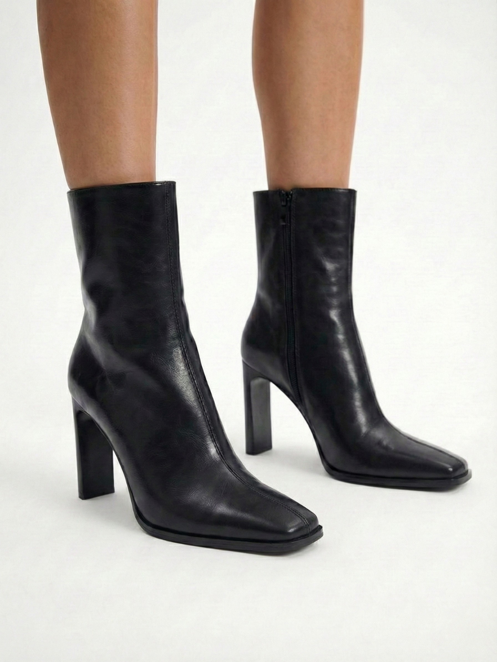 Belfast | Black Faux Leather Square Toe Ankle Boots
