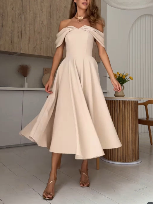 Elegant Off-the-shoulder Draped Maxi Dress Apricot