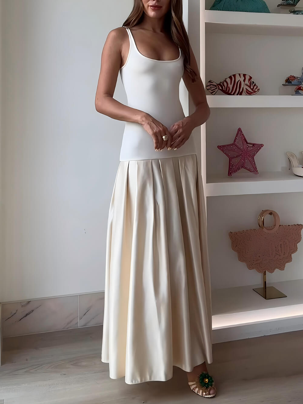 Classic Round-Neck Satin Patchwork Maxi Dress Champagne