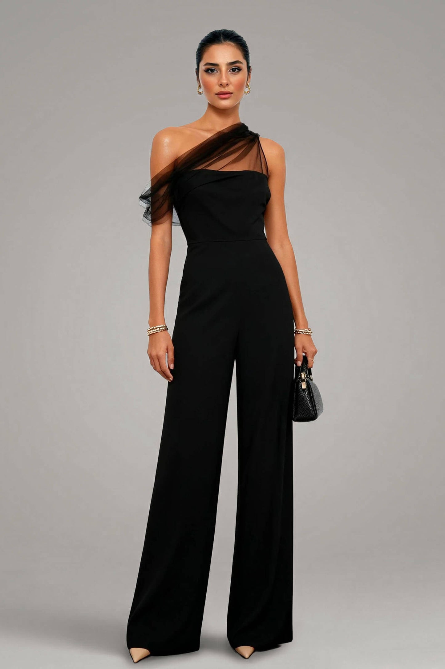 Elegant Mesh Panel One-Shoulder Jumpsuit Black