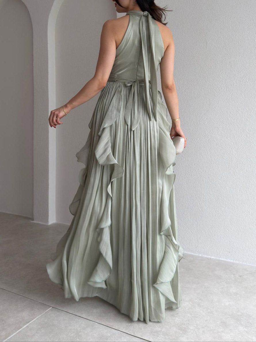 Elegant Backless Ruched Tiered Ruffle Maxi Dress