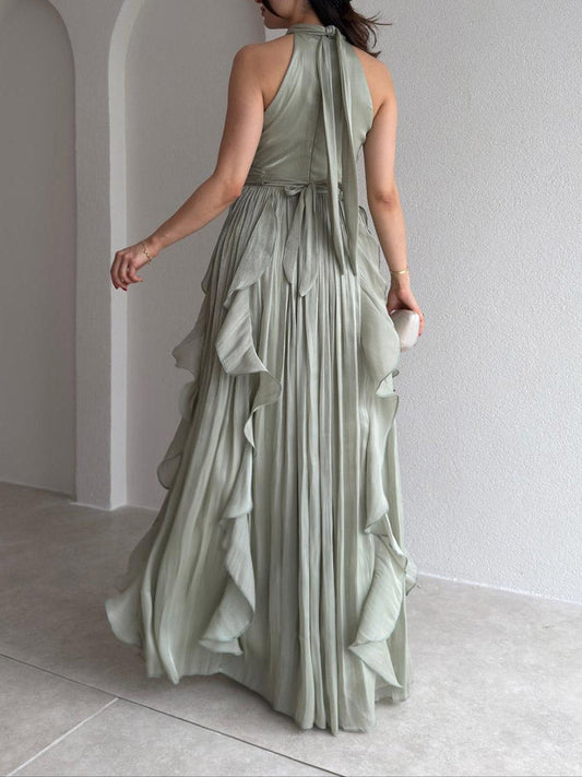 Elegant Backless Ruched Tiered Ruffle Maxi Dress