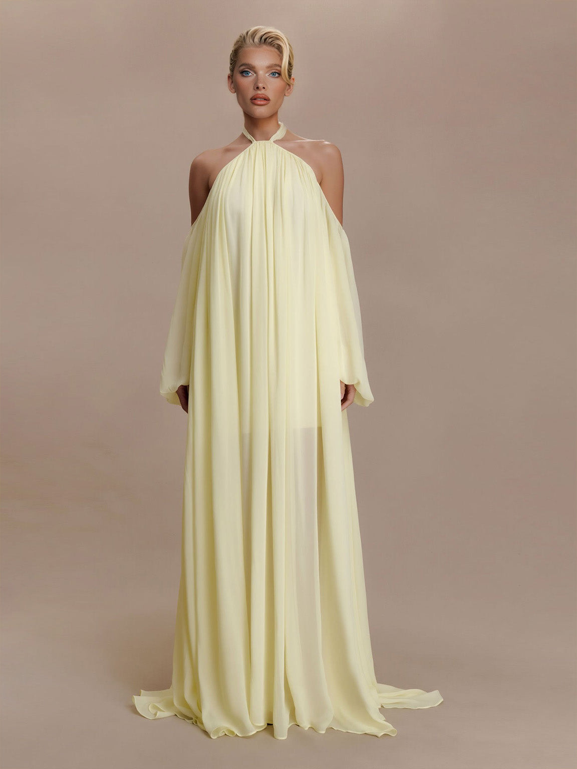 Elegant Halter Neck Draped Chiffon Maxi Dress Yellow