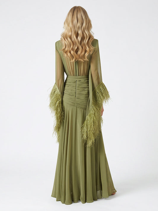 Elegant V-Neck Feather Cuff Flowing Chiffon Maxi Dress