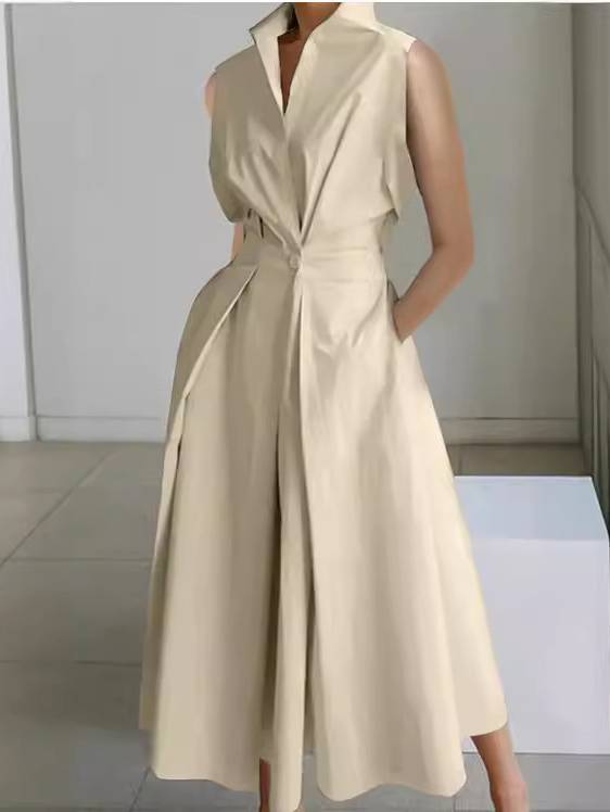 Vertical Collar V-neck A- Shaped Dress Beige