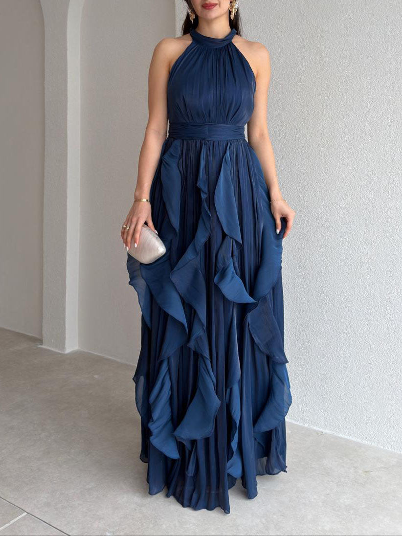 Elegant Backless Ruched Tiered Ruffle Maxi Dress Dark Blue
