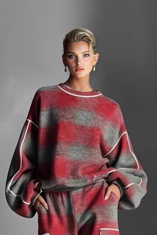 Fashion Street-Style Red and Gray Plaid Color-Block Loose Top Red Gray