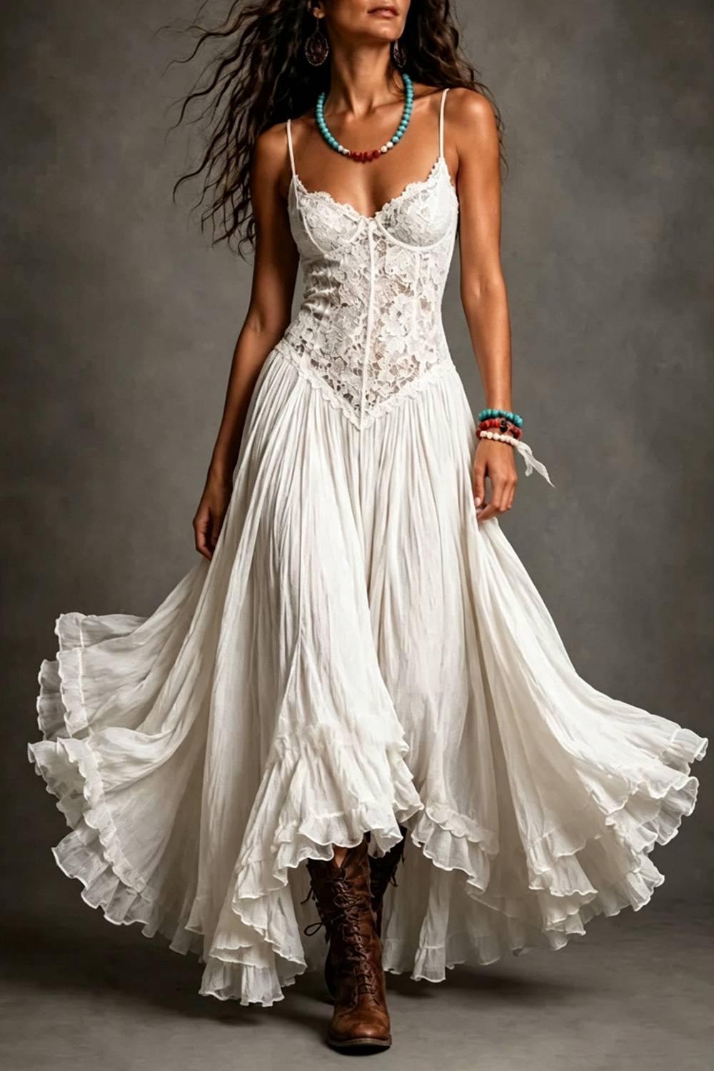 Lace Ruffled Bohemian Long Dress White