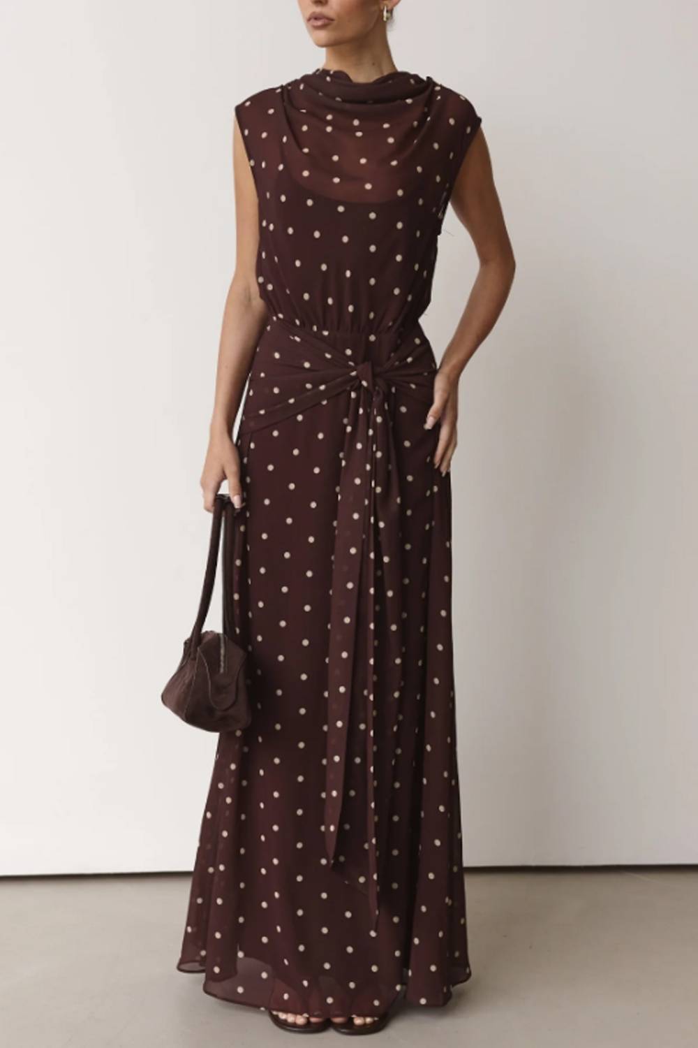 Swing Collar Sleeveless Polar Dot Tight Waist Long Dress Brown
