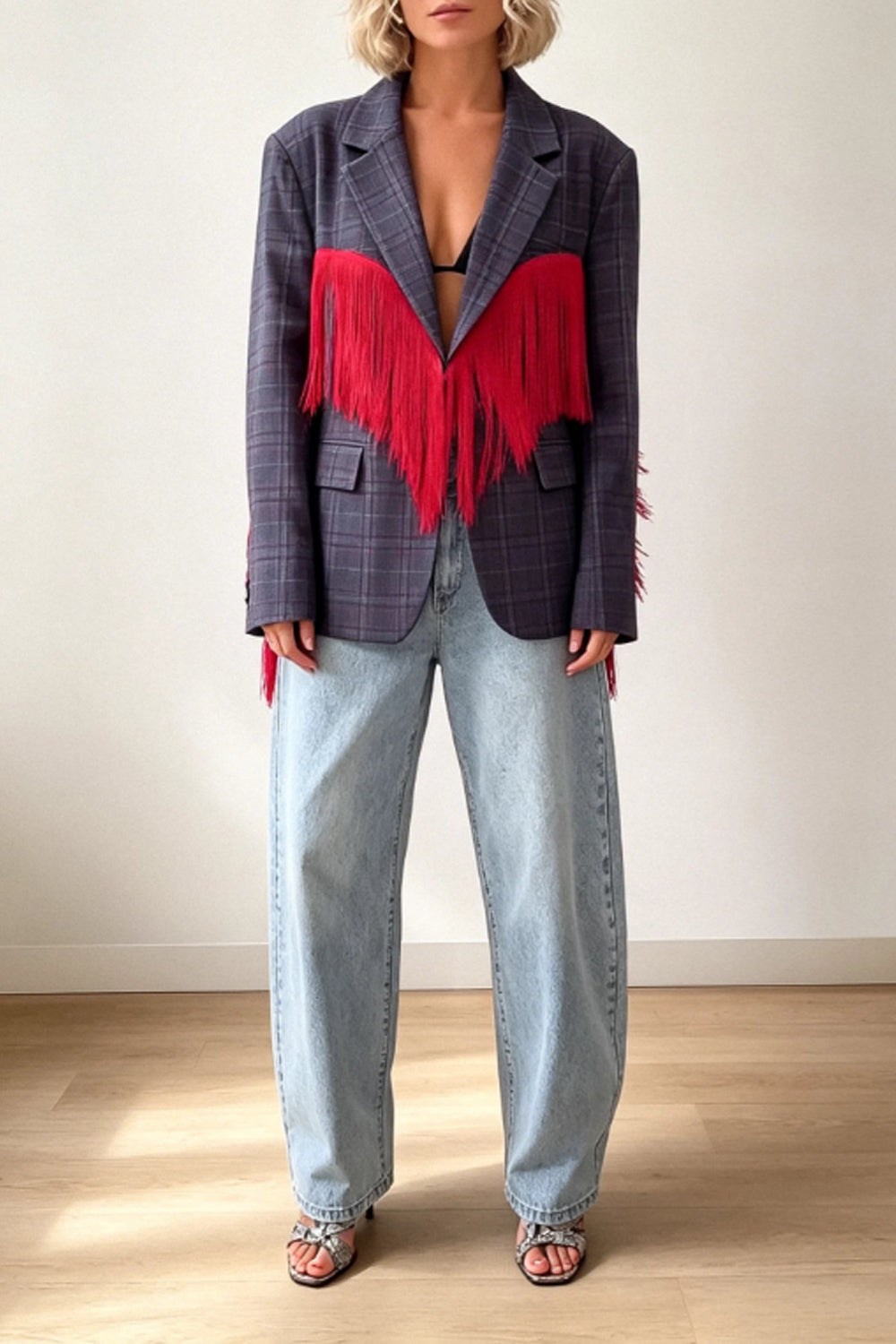 Check Blazer Tassel Angel Wings Trim Grey