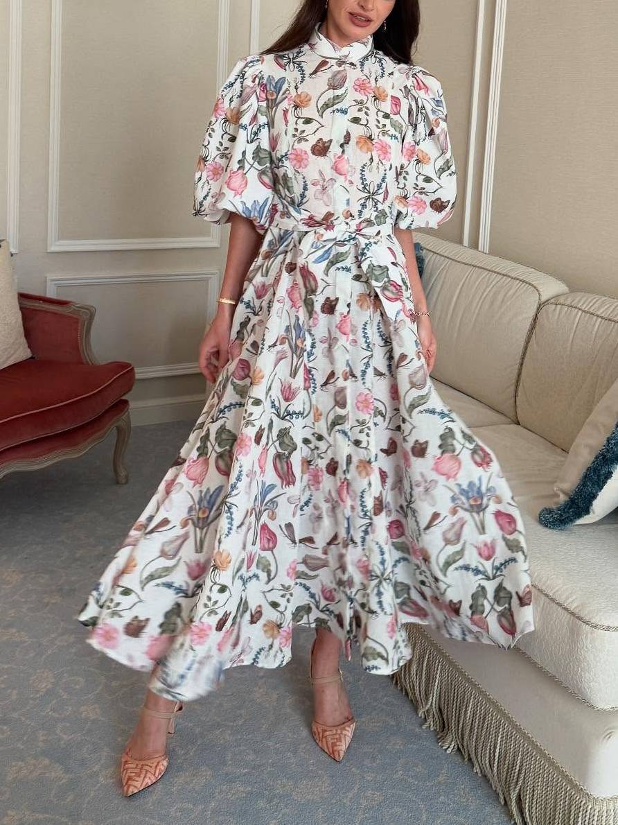 Stand Collar Puff Sleeve Print Dress Printed