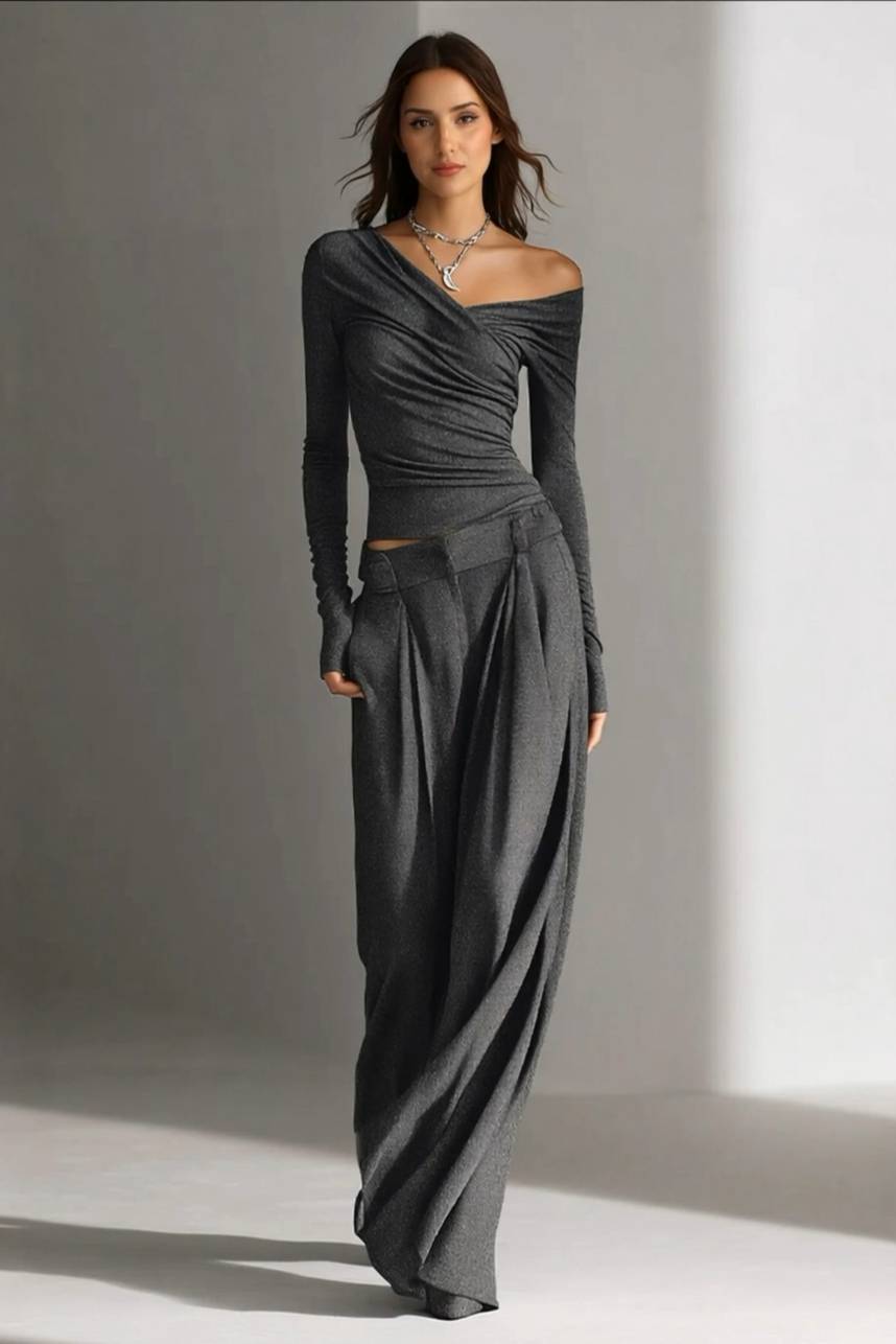 Minimalist V-Neck T-Shirt And Wide Leg Pants Set Gray