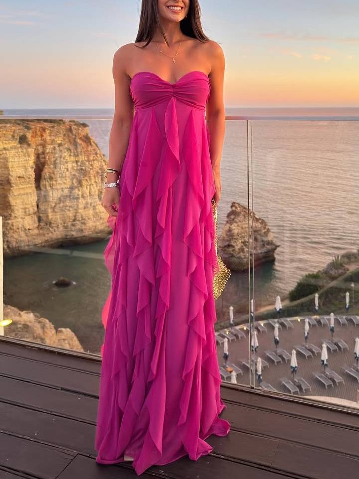 Tube Top Ruffled Design Maxi Dress Rose Red