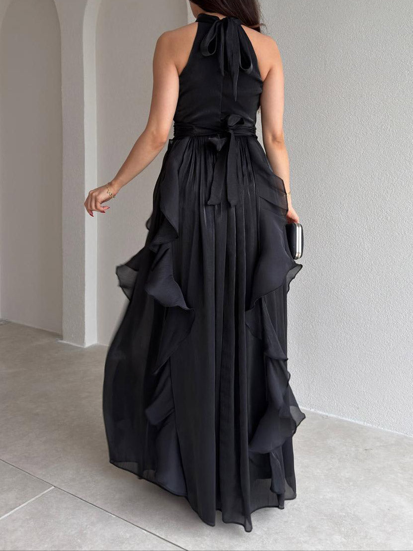 Elegant Backless Ruched Tiered Ruffle Maxi Dress