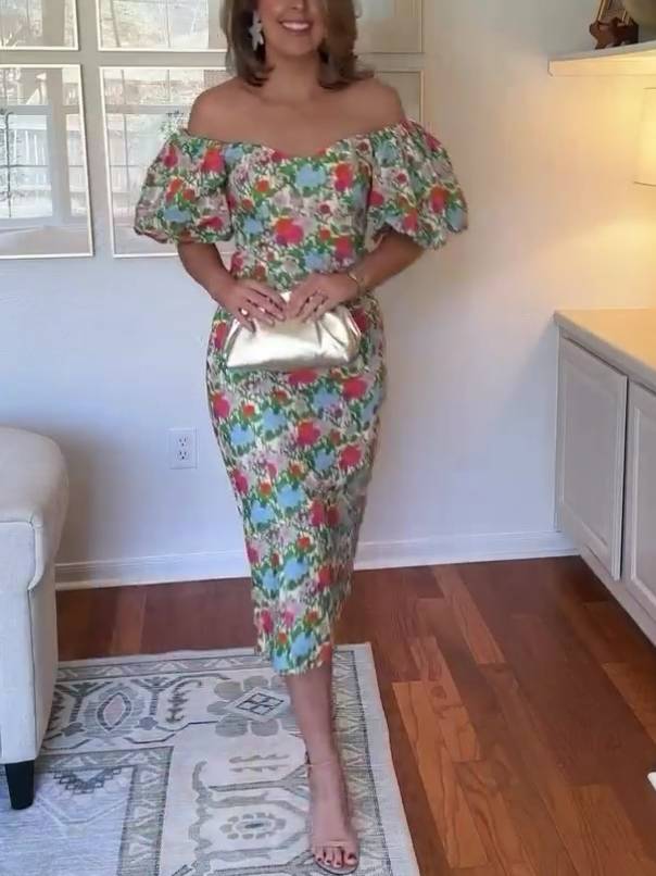 Bubble-Sleeve Floral Dress Printed