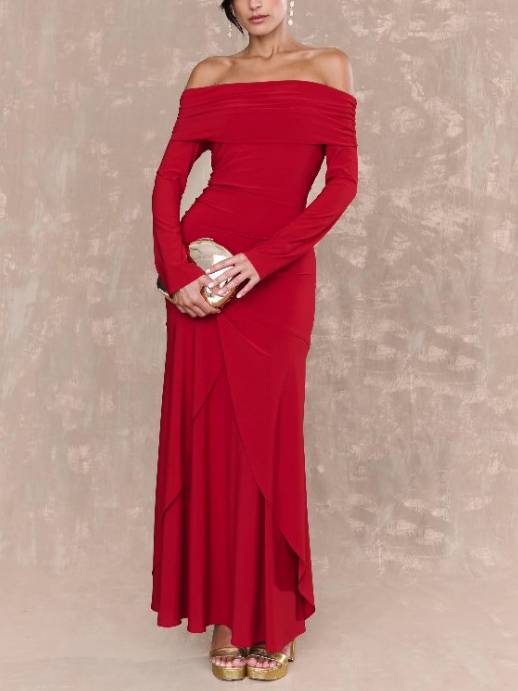 Off-shoulder Irregular Hem Maxi Dress Red