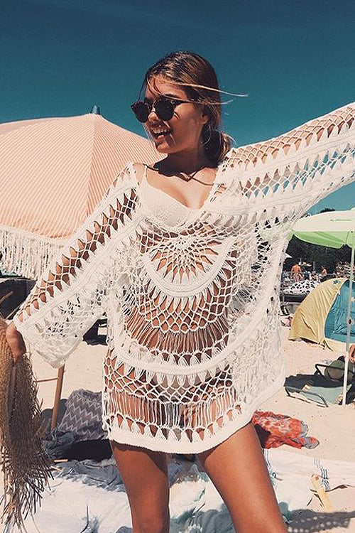 Flower Crochet Beach Blouse White