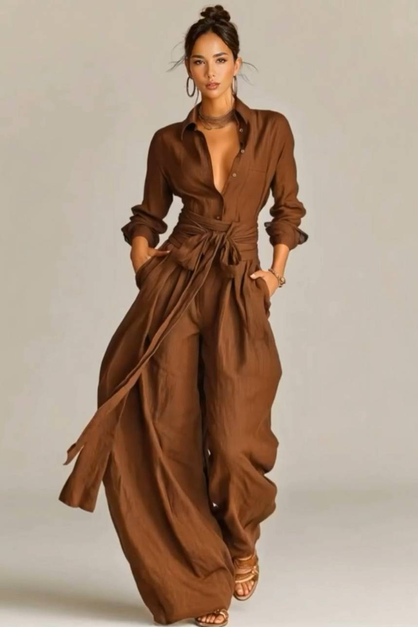 Minimalist Shirt And Lace-Up Wide-Leg Pants Set Brown