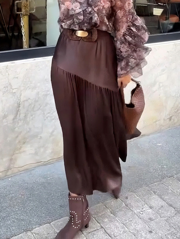 Elegant Floral Ruffled Chiffon Shirt And Skirt Two-piece Set Brown Skirt