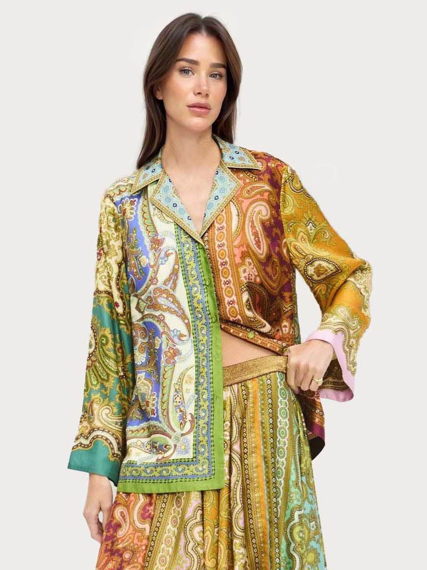 Vintage Paisley Print Satin Skirt Two-Piece Set Multi Top