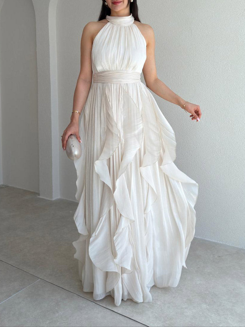 Elegant Backless Ruched Tiered Ruffle Maxi Dress Cream