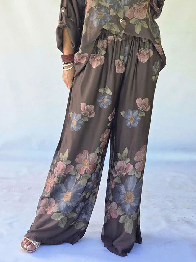 Retro Floral Print Collared Shirt & Elastic Waist Wide-Leg Pants Two-Piece Set Brown Pants