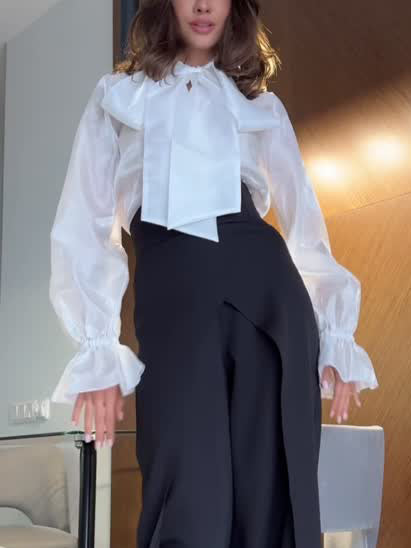 Elegant Retro Tie-neck Long-sleeved Shirt White