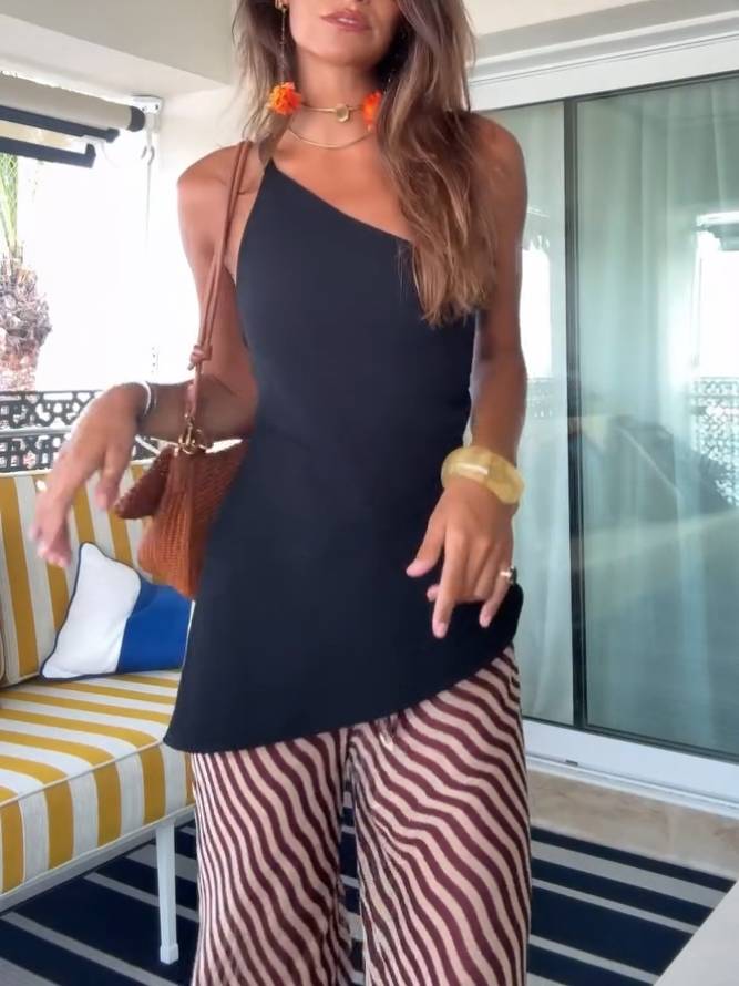 Slant-neck Backless Top And Sstripe Printed Wide Leg Pants Set-Top Black