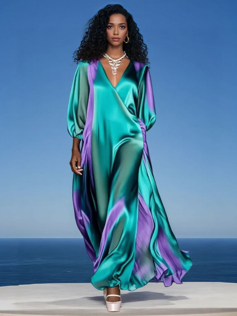 Luxury Satin Gradient V-Neck Maxi Dress Multi