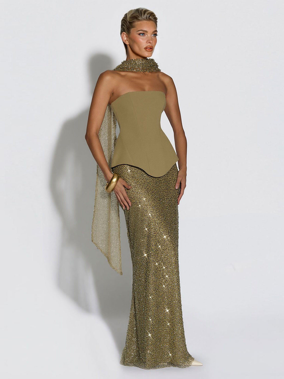 Elegant Strapless Sequin Skirt And Shawl Two-Piece Set