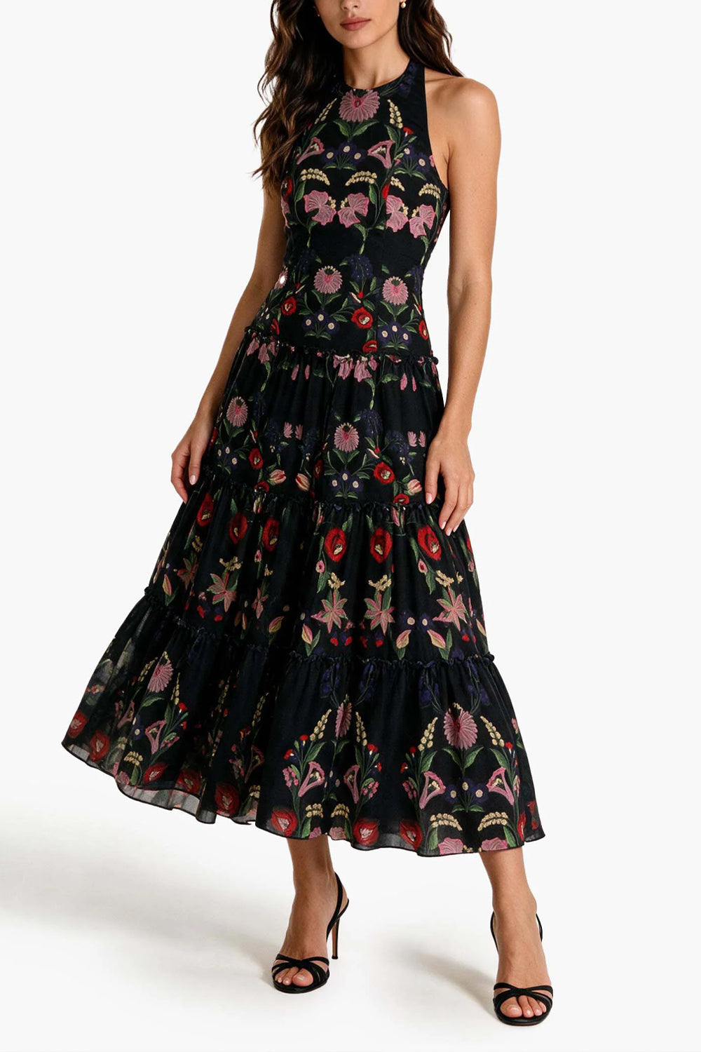 Elegant Open-back Printed Chiffon Flowing Maxi Dress Black