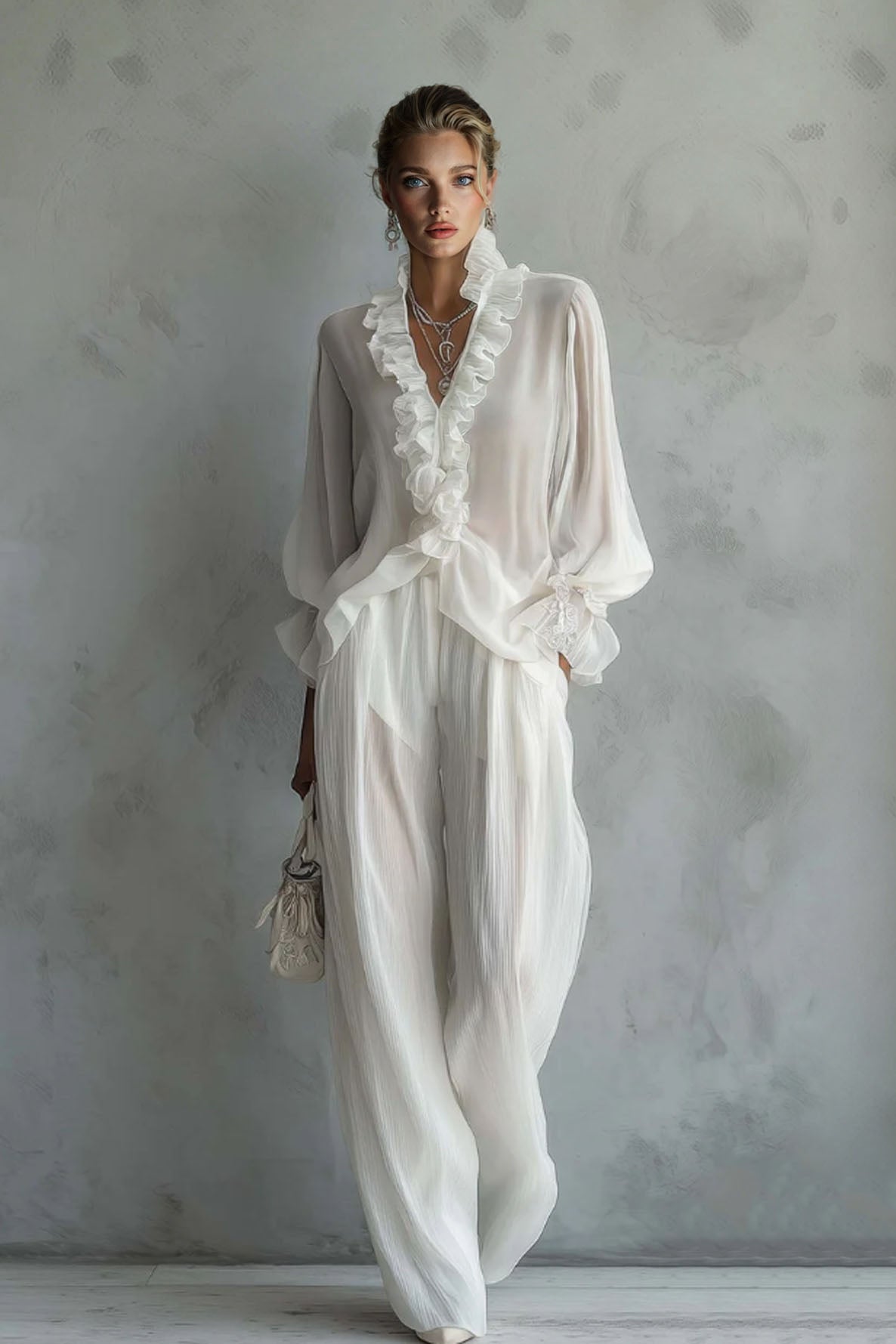 Lace Long Sleeve Shirt And Wide Leg Pants Set White