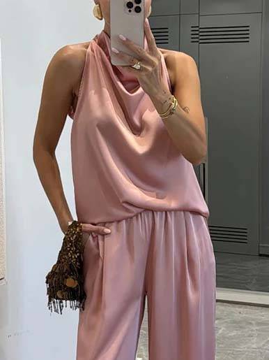Elegant Halter Neck Swing Collar Top And Wide Leg Pants Suit-Top Pink