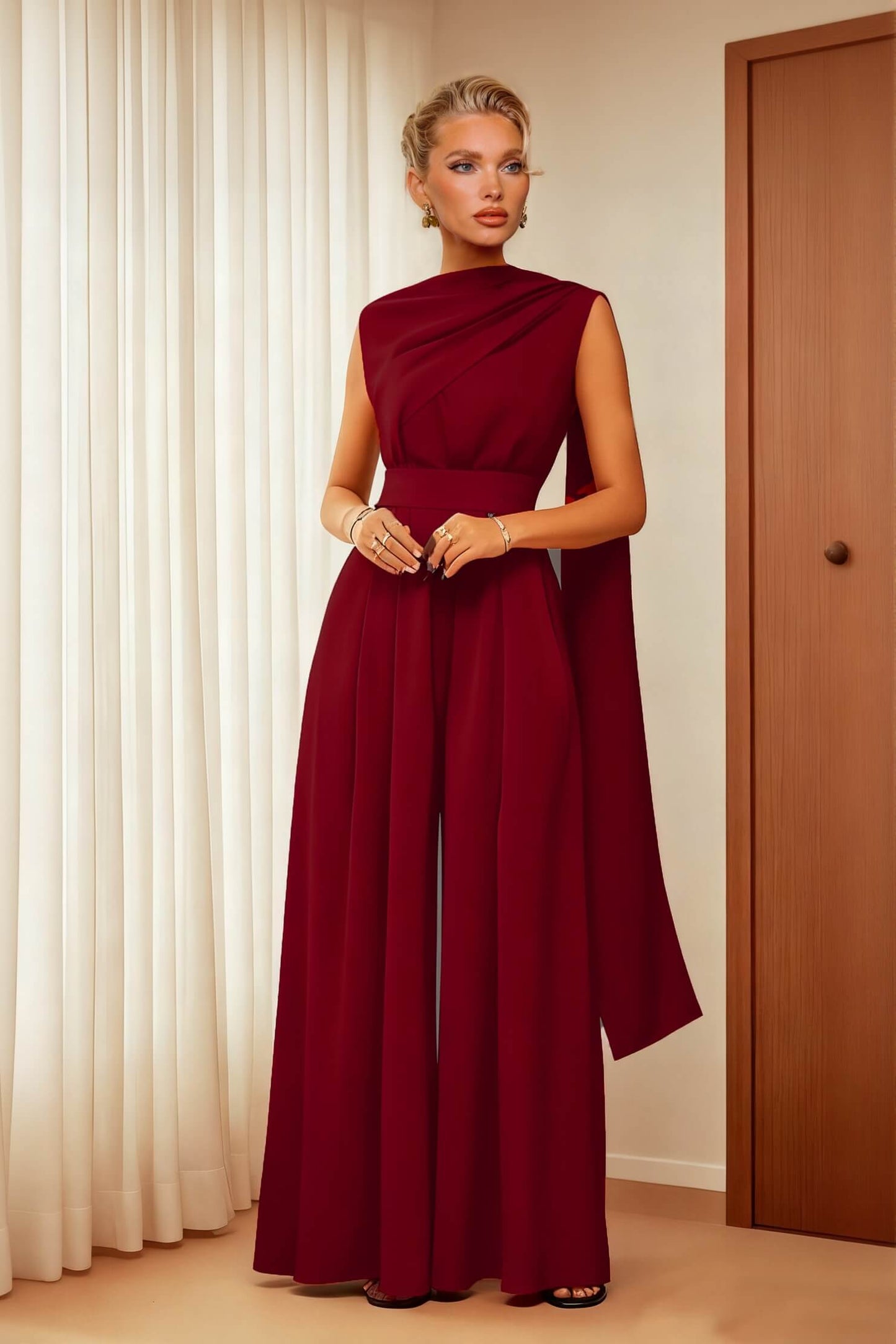 Exquisite Burgundy Draped Pleated Loose Wide-Leg Jumpsuit Burgundy